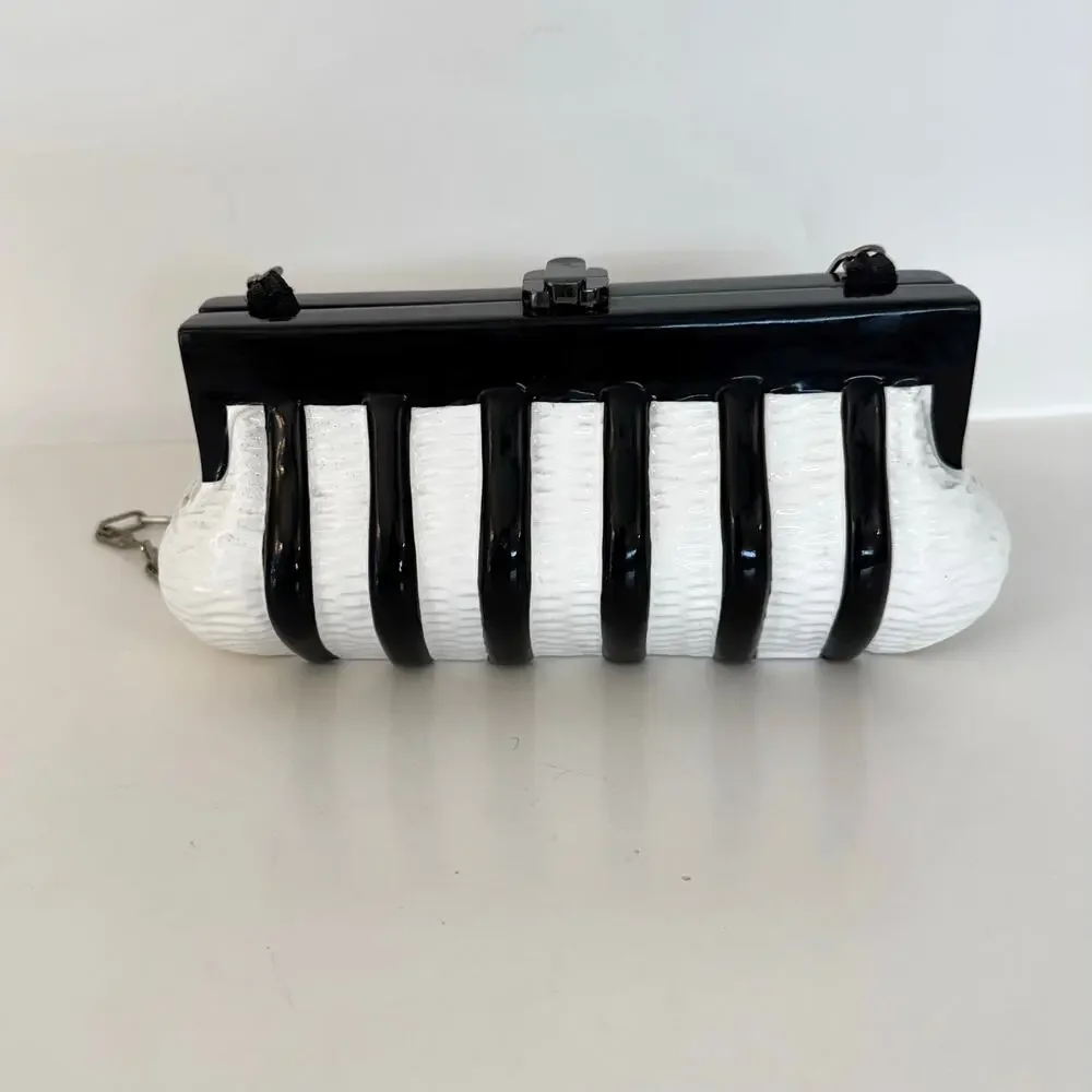 Timmy Woods Piano Wood Clutch Minaudiere Bag Black/White Striped Rare Musical